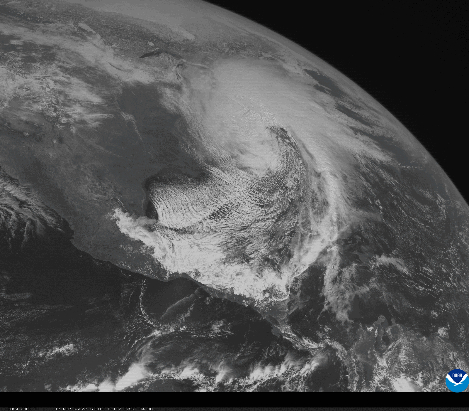 GOES-7 visible satellite image from the afternoon on March 13, 1993, showing the large extent of the Storm of the Century—spanning from Canada to Central America.